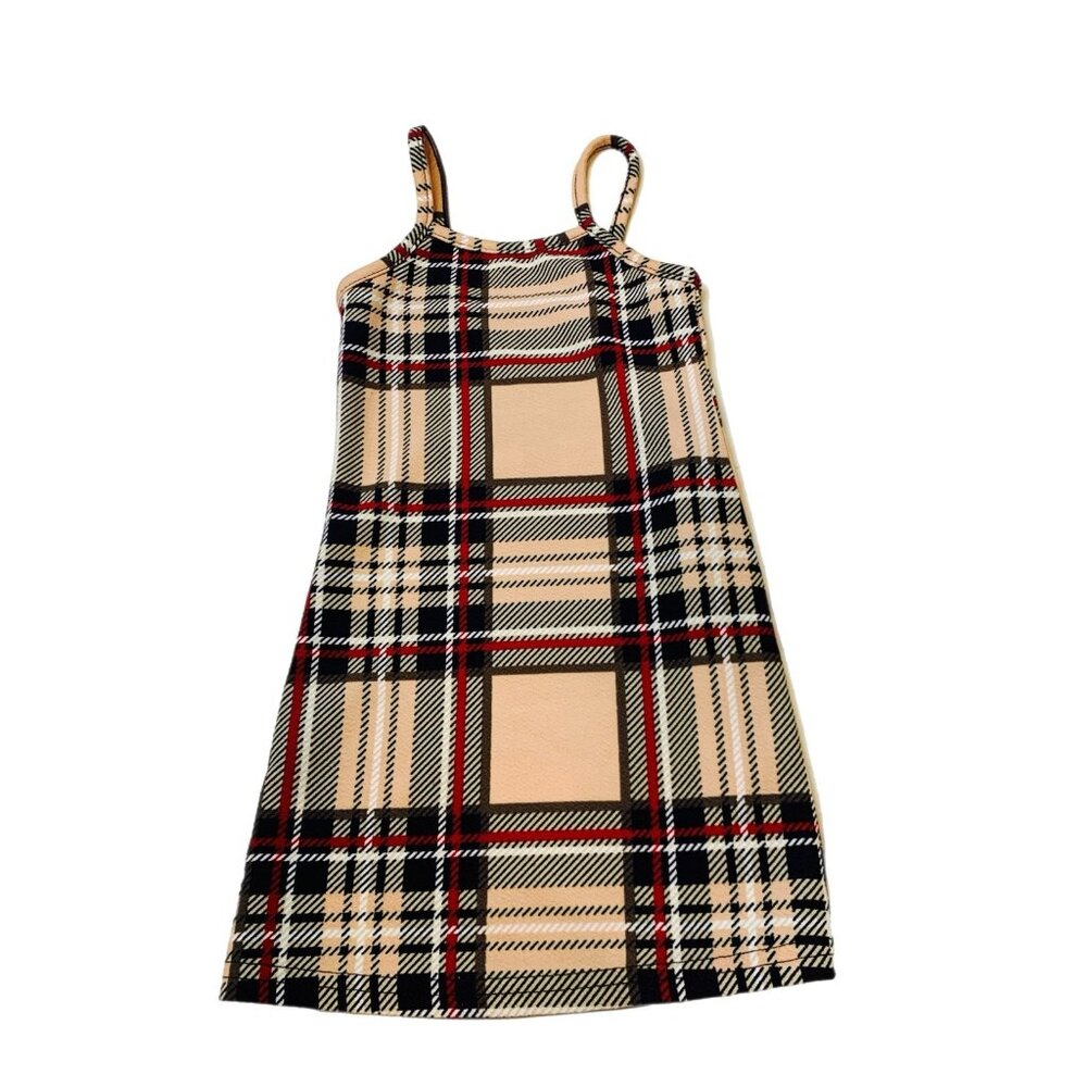 SHEIN Girls Tan Plaid Spaghetti Strap Dress Fitted 2T